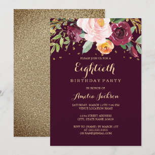 Invitación Fiesta de cumpleaños número 80 con brillo floral d