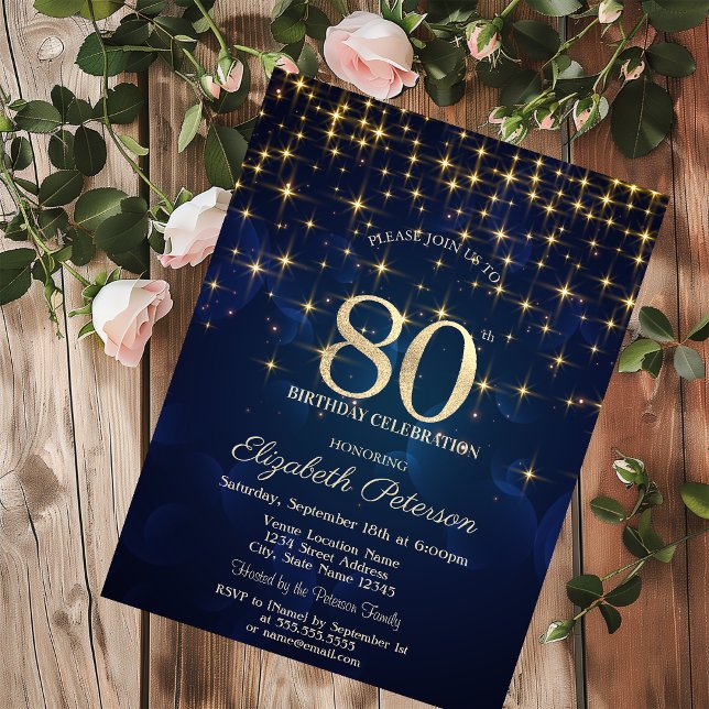 Invitación Fiesta de cumpleaños número 80 con estrellas de or (Subido por el creador)