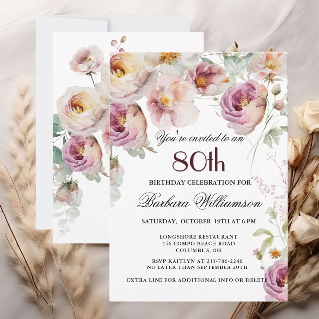 Invitación Fiesta de cumpleaños número 80 con flores pintadas (Subido por el creador)