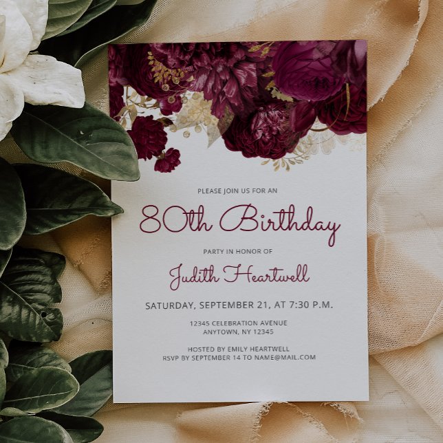 Invitación Fiesta de cumpleaños número 80 con flores rojas de (Subido por el creador)