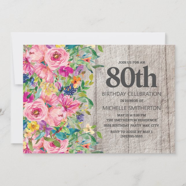 Invitación Fiesta de cumpleaños número 80 con flores rosas y  (Anverso)
