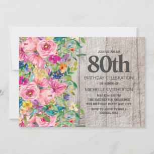 Invitación Fiesta de cumpleaños número 80 con flores rosas y 