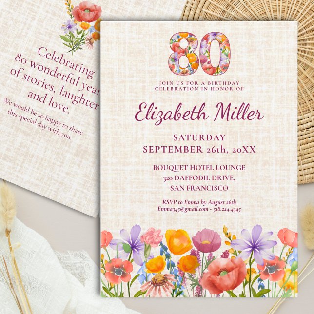 Invitación Fiesta de cumpleaños número 80 con flores silvestr (Subido por el creador)
