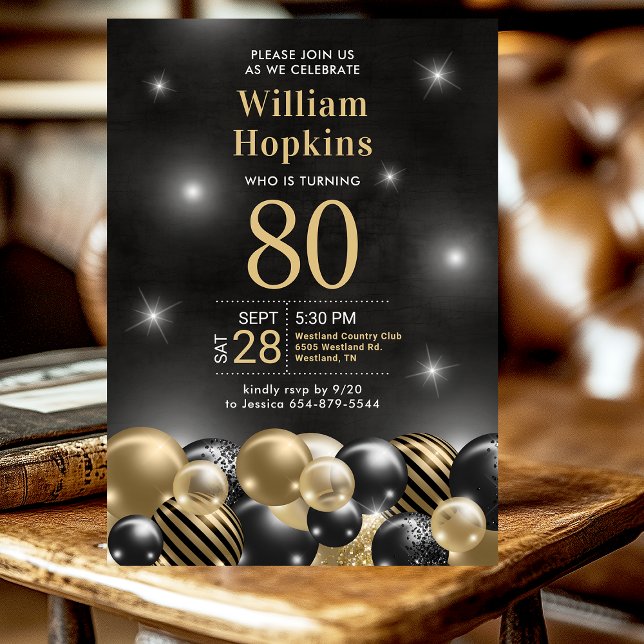 Invitación Fiesta de cumpleaños número 80 con globos de oro n (Subido por el creador)