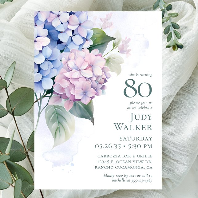Invitación Fiesta de cumpleaños número 80 con Hortensias Rosa (Subido por el creador)
