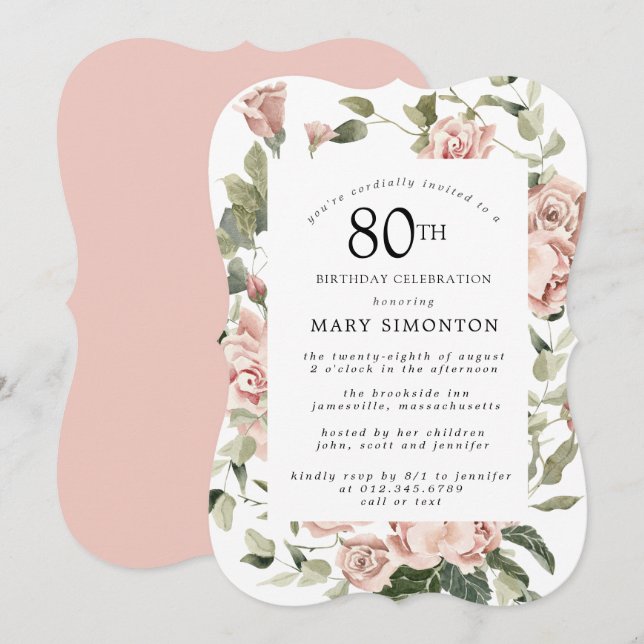 Invitación Fiesta de cumpleaños número 80 con rosas florales  (Anverso / Reverso)
