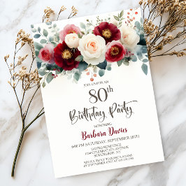 Invitación Fiesta de cumpleaños número 80 de Borgoña y Floral