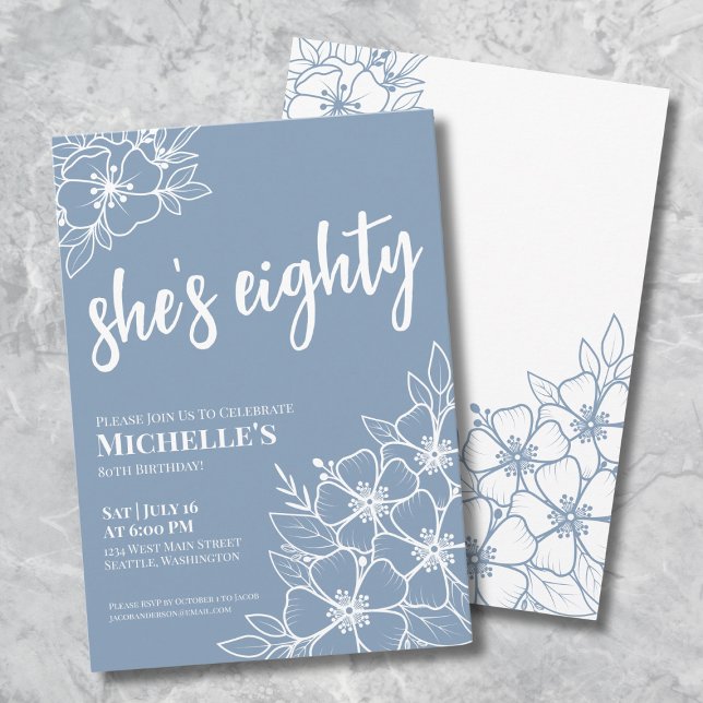 Invitación Fiesta de cumpleaños número 80 de Eighty Blue (Eighty Dusty Blue 80th Birthday Party Invitation)