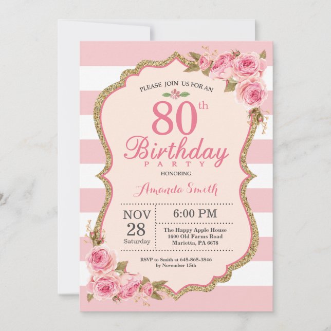Invitación Fiesta de cumpleaños número 80 de Floral Pink Peon (Anverso)