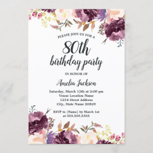 Invitación Fiesta de Cumpleaños número 80 de Flores Purpura c