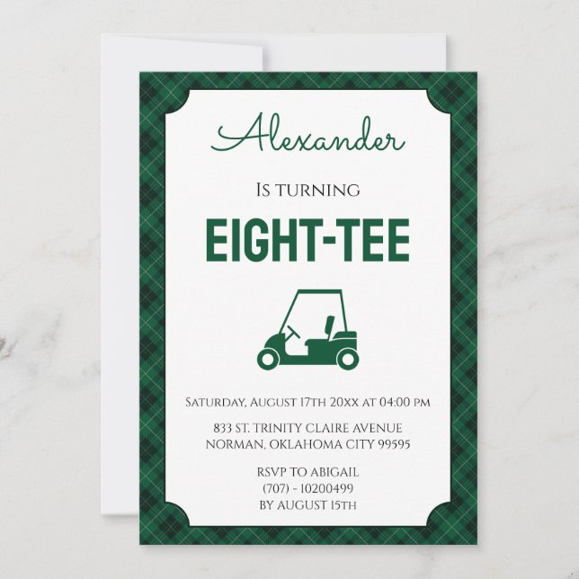 Invitación Fiesta de Cumpleaños número 80 de Green Gingham Go (Anverso)