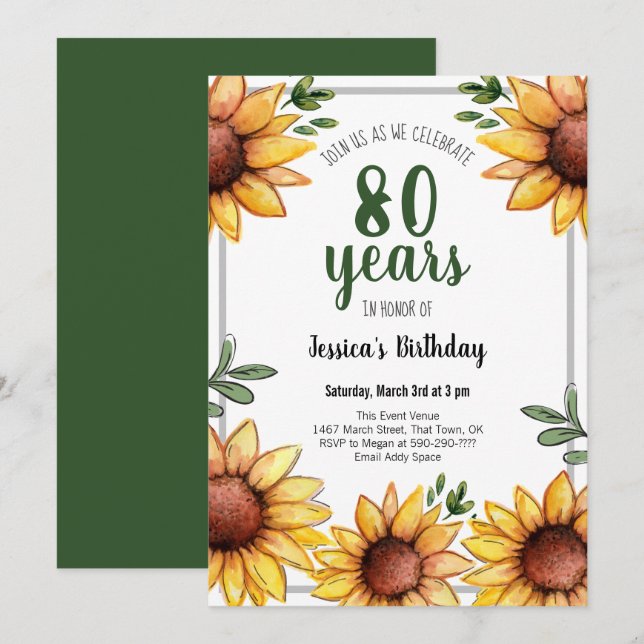 Invitación Fiesta de cumpleaños número 80 de los girasoles ru (Anverso / Reverso)