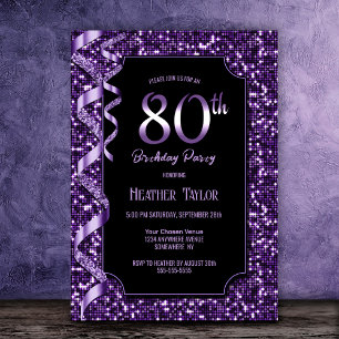 Invitación Fiesta de cumpleaños número 80 de Purple Sequins