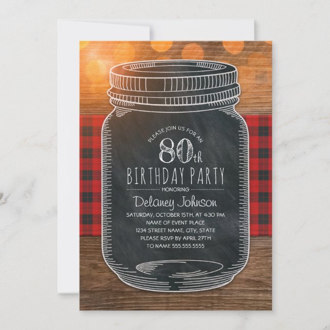 Invitación Fiesta de cumpleaños número 80 de Rustic Mason Jar (Anverso)