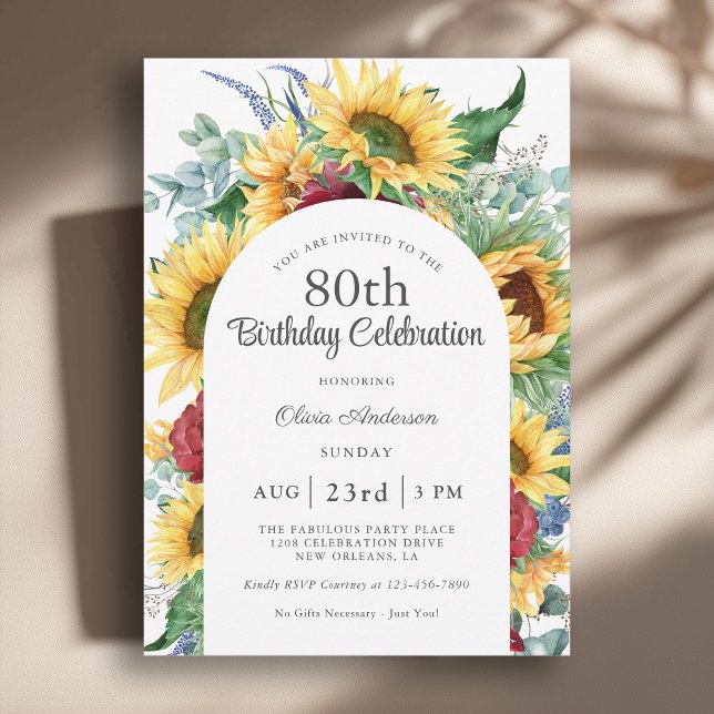 Invitación Fiesta de cumpleaños número 80 de Sunflowers (Available in both printed and instant download digital format.)