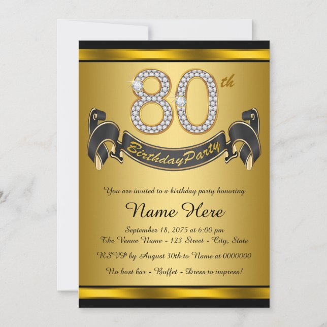 Invitación Fiesta de cumpleaños número 80 elegante de oro (Anverso)