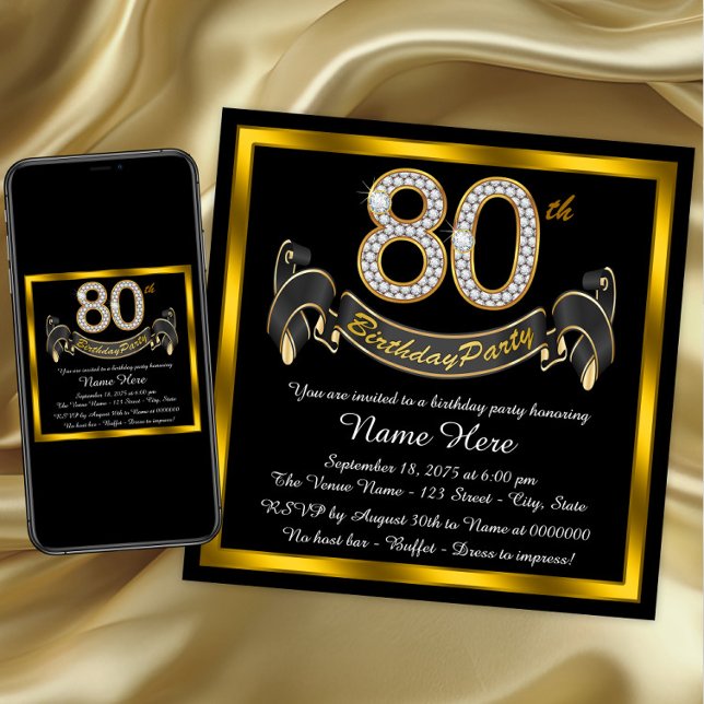 Invitación Fiesta de cumpleaños número 80 elegante de oro (80th birthday party invitations. Instant download and printed invitations available. )