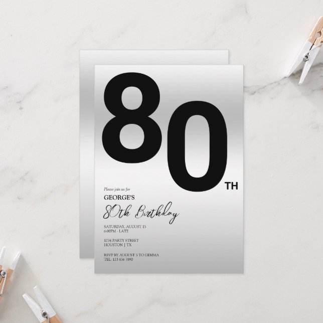 Invitación Fiesta de cumpleaños número 80 elegante de plata (Anverso/Reverso In Situ)