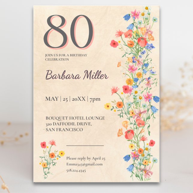 Invitación Fiesta de cumpleaños número 80 Elegante Flor Silve (Subido por el creador)