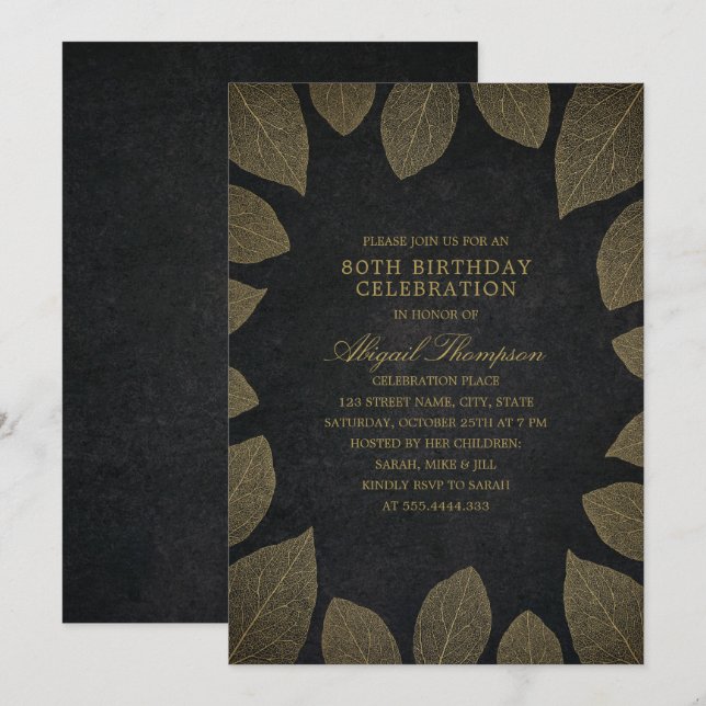 Invitación Fiesta de cumpleaños número 80 elegantes hojas de  (Anverso / Reverso)
