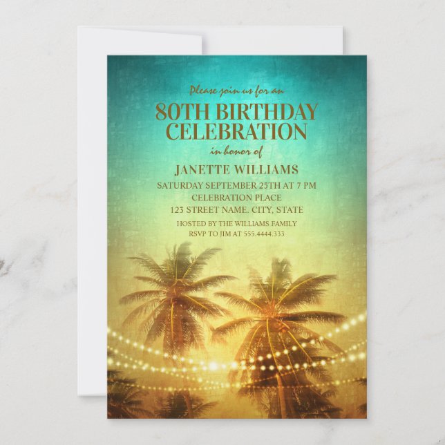 Invitación Fiesta de cumpleaños número 80 en la playa tropica (Anverso)
