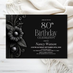 Invitación Fiesta de cumpleaños número 80 Grey Flower