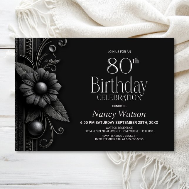 Invitación Fiesta de cumpleaños número 80 Grey Flower (Subido por el creador)