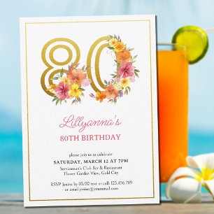 Invitación Fiesta de cumpleaños número 80 hermoso floral dora