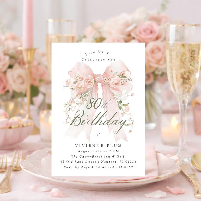 Invitación Fiesta de cumpleaños número 80 lazo coqueto rosa f (Subido por el creador)