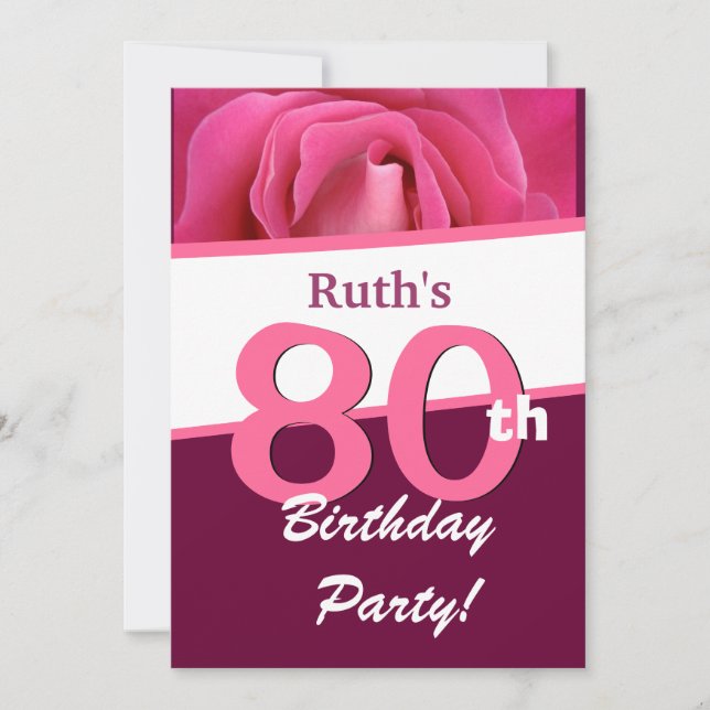 Invitación Fiesta de cumpleaños número 80 para su Rosa Rosa R (Anverso)