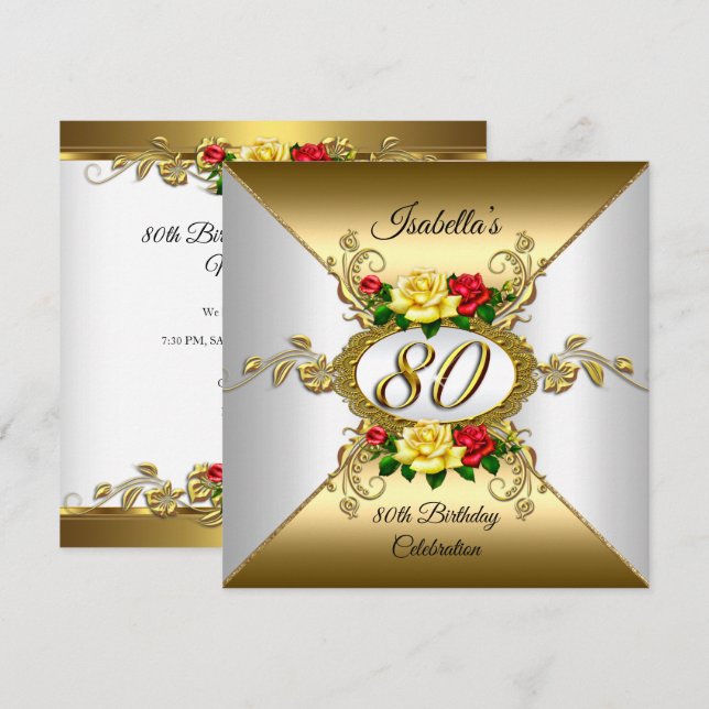 Invitación Fiesta de cumpleaños número 80 Rosas amarillas roj (Anverso / Reverso)