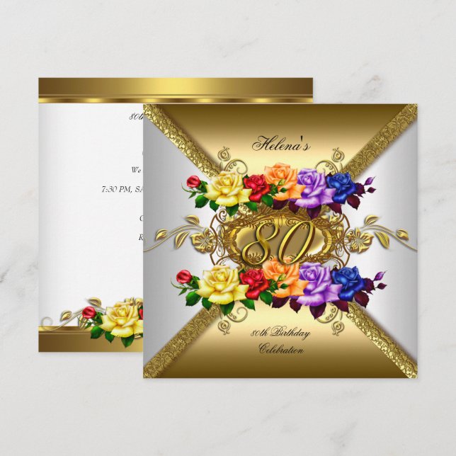 Invitación Fiesta de Cumpleaños número 80 Rosas Doradas de Co (Anverso / Reverso)