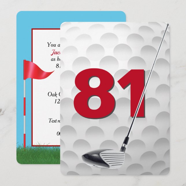 Invitación Fiesta de cumpleaños número 81 con tema de golf (Anverso / Reverso)