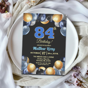 Invitación Fiesta de cumpleaños número 84 Elegante Azul Plata