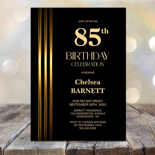Invitación Fiesta de cumpleaños número 85 con rayas doradas y (Subido por el creador)