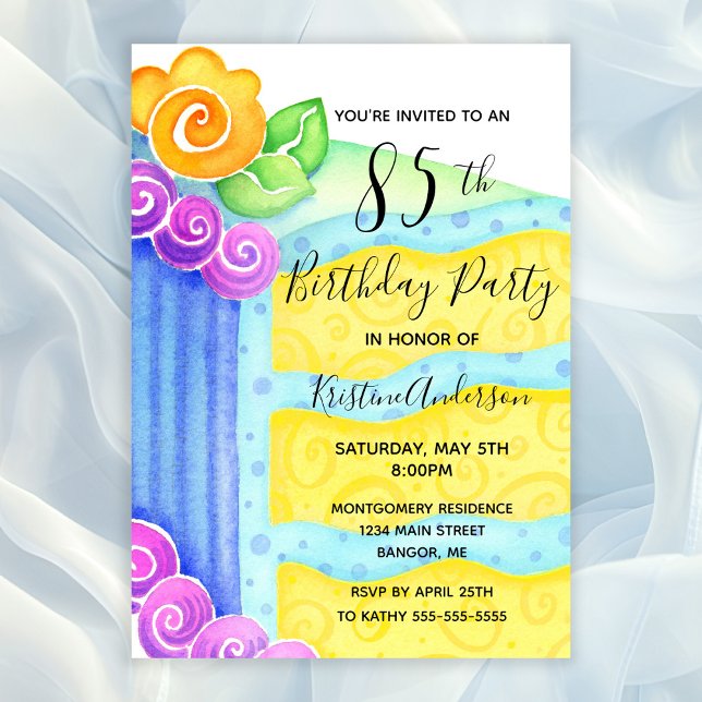Invitación Fiesta de cumpleaños número 85 de Aqua Blue Yellow (85th Birthday Party Invitation with a piece of cake decorated with aqua blue frosting)