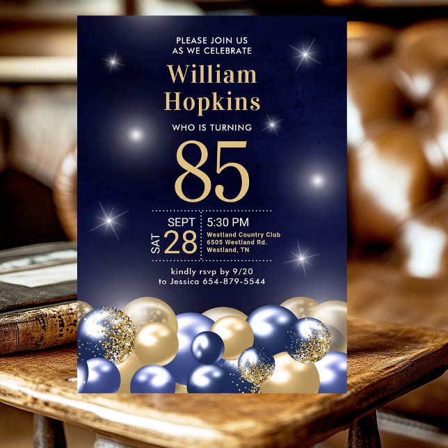 Invitación Fiesta de cumpleaños número 85 globos azules y dor (Subido por el creador)