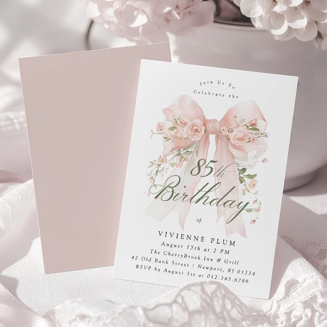Invitación Fiesta de cumpleaños número 85 lazo coquette rosa  (Subido por el creador)