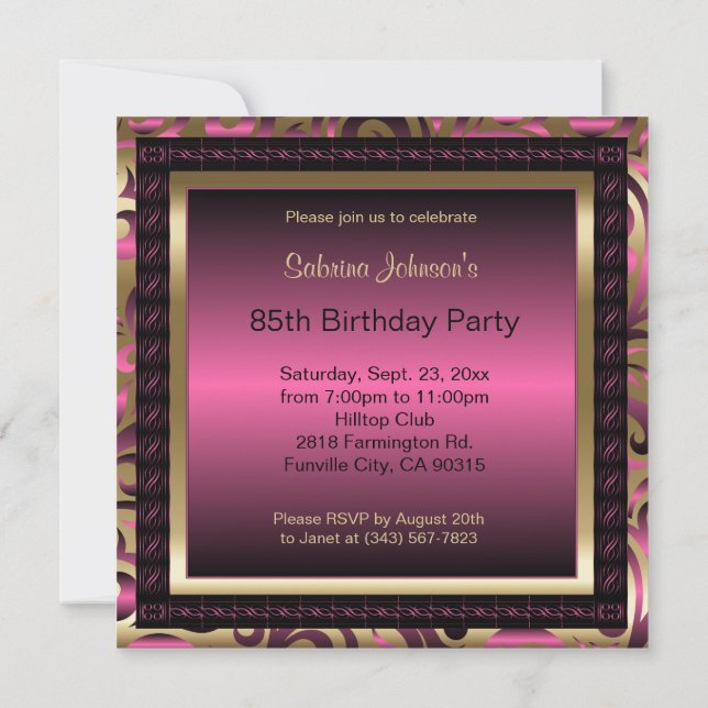 Invitación Fiesta de cumpleaños número 85| Metálico rosa y or (Reverso)