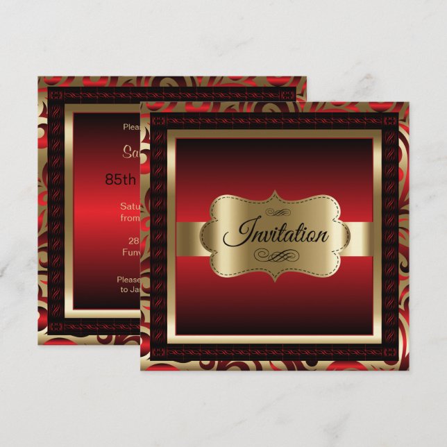 Invitación Fiesta de cumpleaños número 85| Red Metallic & Gol (Anverso / Reverso)