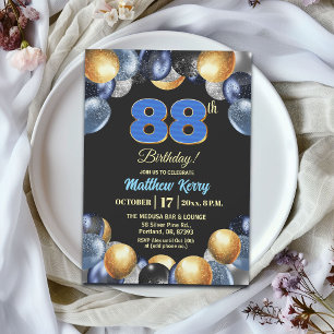 Invitación Fiesta de cumpleaños número 88 elegante azul plata