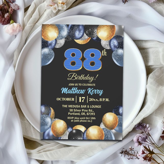 Invitación Fiesta de cumpleaños número 88 elegante azul plata (Subido por el creador)