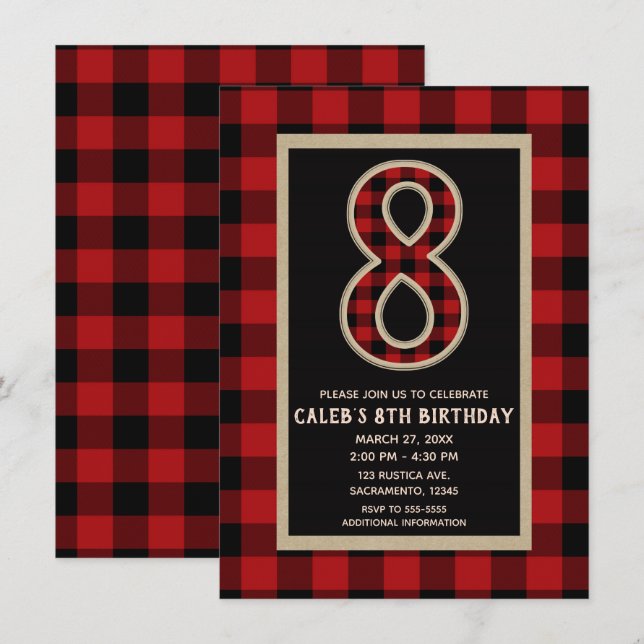 Invitación Fiesta de cumpleaños número 8 con cuadros de búfal (Anverso / Reverso)