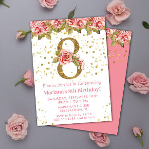 Invitación Fiesta de cumpleaños número 8 con rosas florales r