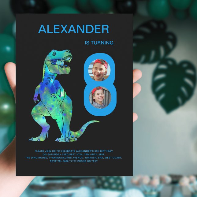 Invitación Fiesta de cumpleaños número 8 de Dinosaurio Foto p (Dinosaur 8th birthday party photo invitation with colorful T-Rex dino)