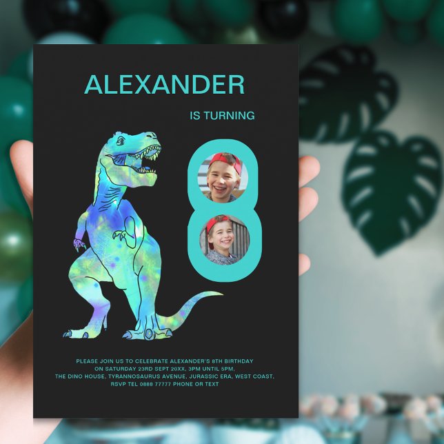 Invitación Fiesta de Cumpleaños número 8 de los chicos del Ti (T-Rex dino boys 8th birthday party photo invitation with color dinosaur teal green typography )