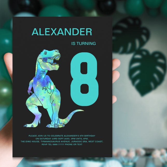 Invitación Fiesta de Cumpleaños número 8 de los chicos T-Rex  (Dinosaur T-Rex boys 8th birthday party invitation modern typography blue teal green dino)