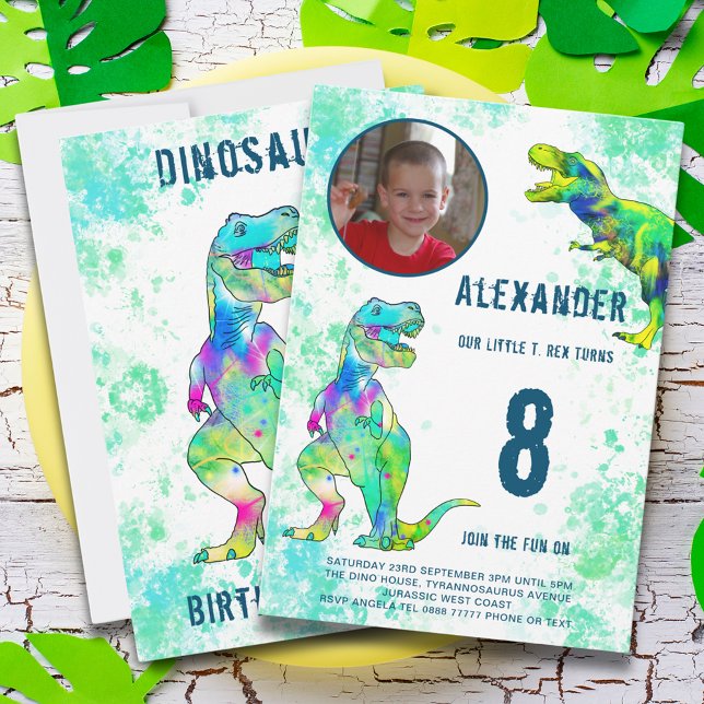 Invitación Fiesta de Cumpleaños número 8 del Dinosaurio T-Rex (T-Rex dinosaur 8th birthday party invitation with photo template & colorful watercolor tyrannosaurus)