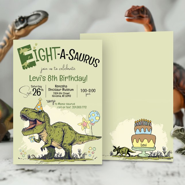 Invitación Fiesta de Cumpleaños número 8 del T-Rex Dinosaurio (Cute Cartoon T-Rex funny Dinosaur Eight-A-Saurus boy seventh kids 8th birthday party invitation)