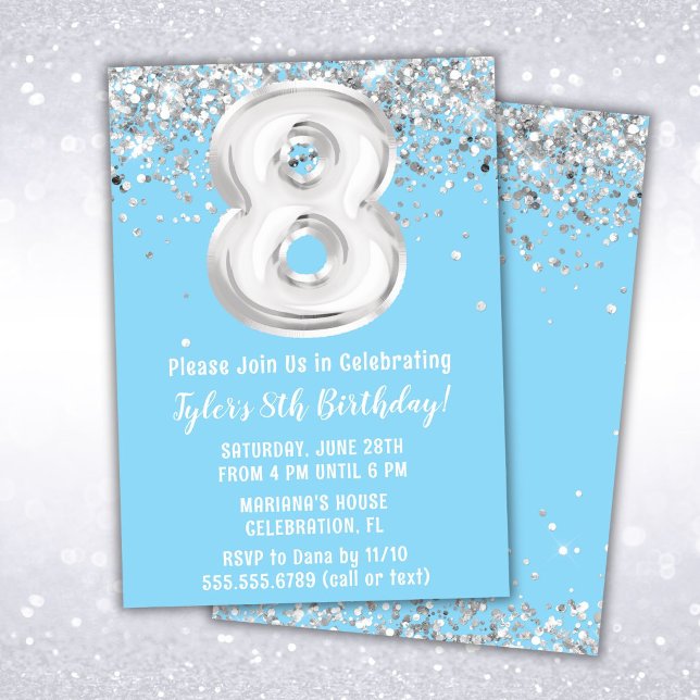 Invitación Fiesta de cumpleaños número 8 Light Blue Silver (Subido por el creador)
